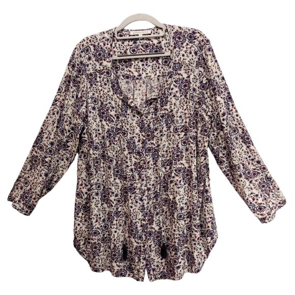 Daniel Rain Blouse womens 1x Peasant roll tab floral tie tassels silver buttons - Picture 1 of 15